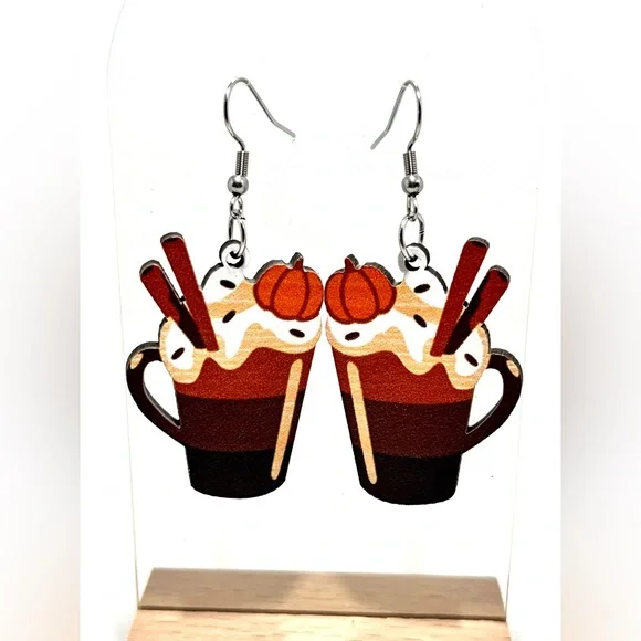 NWT Pumpkin Spice Latte Drop Dangle Earrings Lightweight Wood Fall Autumn - Picture 4 of 11